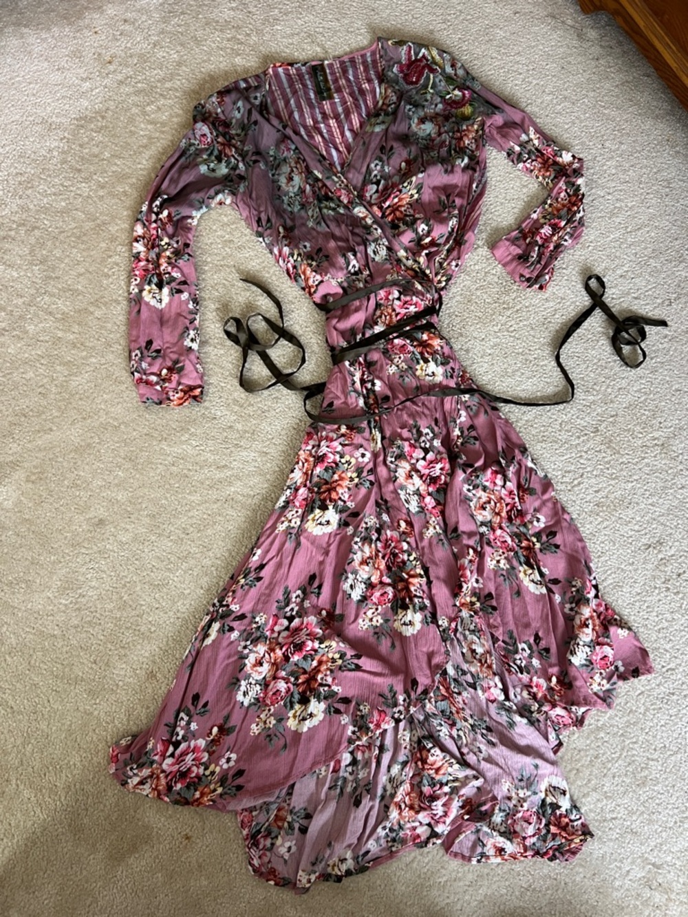 Aratta Silent Journey Floral Wrap Maxi Dress in Mauve Pink with Waist Tie